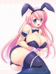  1girl animal_ears arm_support armband ass bare_shoulders black_thighhighs blue_eyes blush bow bowtie breast_press breasts cameltoe cleavage detached_collar fake_animal_ears happy highres huge_breasts legband leotard long_hair looking_at_viewer lying miu_(c_blue) on_side open_mouth original pink_hair playboy_bunny polka_dot polka_dot_background rabbit_ears smile solo thighhighs wrist_cuffs  rating:Sensitive score:36 user:danbooru