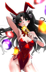  1girl absurdres animal_ears archer_class_(fate) arm_up armpits bare_shoulders black_hair breasts card cleavage fake_animal_ears fate/stay_night fate_(series) fukou green_eyes groin highleg highleg_leotard highres holding holding_card leotard long_hair playboy_bunny rabbit_ears red_leotard red_ribbon ribbon simple_background sleeveless small_breasts solo thighs tohsaka_rin twintails white_background wide_hips 