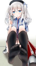 10s 1girl bad_id bad_pixiv_id black_socks blue_eyes blush breasts cellphone employee_uniform feet foot_focus hat highres hole_in_sock kantai_collection kashima_(kancolle) large_breasts lawson long_hair oouso open_mouth phone shirt shoes unworn_shoes silver_hair sitting skirt smartphone socks solo striped twintails uniform rating:Sensitive score:17 user:danbooru