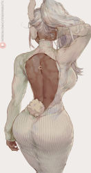 1girl animal_ears ass back_cutout boku_no_hero_academia clothing_cutout cutesexyrobutts dark-skinned_female dark_skin dress from_behind grey_background hand_in_own_hair highres huge_ass long_hair mirko rabbit_ears rabbit_tail solo sweater sweater_dress tail turtleneck turtleneck_dress white_hair white_sweater wide_hips rating:Questionable score:276 user:danbooru