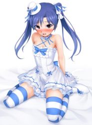  1boy bare_shoulders bed_sheet blue_hair blush brown_eyes bulge choker criss-cross_halter crossdressing dress erection erection_under_clothes eto gender_request genderswap genderswap_(ftm) gloves halterneck hat high_heels idolmaster idolmaster_(classic) kisaragi_chihaya long_hair looking_at_viewer male_focus mini_hat mini_top_hat open_mouth ribbon shoes shota simple_background sitting skindentation solo striped_clothes striped_thighhighs thighhighs top_hat trap twintails wariza white_background white_dress zettai_ryouiki  rating:Questionable score:82 user:Skruffy1