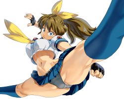  1girl belt belt_buckle blue_eyes blue_serafuku blue_skirt blue_socks bow breasts brown_belt brown_hair buckle clenched_hand crop_top crotch fingerless_gloves flexible flying_kick gloves grey_panties highres impossible_clothes impossible_shirt kicking kneehighs kneepits large_breasts long_hair looking_at_viewer m.u.g.e.n midriff navel neckerchief oggy_(oggyoggy) original panties pleated_skirt ponytail ribbon ryuko_(oggyoggy) school_uniform serafuku shirt skirt socks solo split thick_thighs thighs toned transparent_background underwear yellow_bow yellow_neckerchief yellow_ribbon  rating:Questionable score:72 user:Yavie