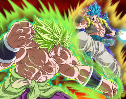 10s 2boys absurdres angry artist_request aura battle blank_eyes blue_eyes blue_hair boots broly_(dragon_ball_super) clenched_hand dirty dirty_clothes dirty_face dougi dragon_ball dragon_ball_super dragon_ball_super_broly energy epic fighting fighting_stance gogeta green_hair height_difference highres incoming_attack incoming_punch jumping multiple_boys muscular punching serious topless_male short_hair spiked_hair super_saiyan super_saiyan_blue wristband rating:Sensitive score:4 user:fakyuh
