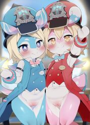  2girls blonde_hair blue_bow blue_bowtie blue_hat blue_jacket blush bow bowtie closed_mouth dagashi_(daga2626) furry furry_female genshin_impact hat highres jacket loli melusine_(genshin_impact) multiple_girls navel pink_bow pink_bowtie purple_eyes pussy pussy_juice red_hat red_jacket short_hair smile standing tail uncensored yellow_eyes 