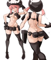  1girl alternate_breast_size arm_up ass belt black_gloves black_headwear black_thighhighs breasts butt_crack closed_mouth commentary dimples_of_venus dot_nose from_behind gloves groin hair_between_eyes hand_on_own_hip highres holster jakuzure_nonon kill_la_kill medium_breasts multiple_views navel nudist_beach_uniform pink_eyes pink_hair pouch rakeemspoon revealing_clothes shoulder_blades simple_background sketch skull_print thighhighs thighs underboob utility_belt  rating:Questionable score:99 user:danbooru