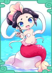  1girl black_hair blue_eyes flat_chest looking_at_viewer mermaid monster_girl navel ningyo_(youkai_watch) no_pupils nollety open_mouth pointy_ears rock shell shell_bikini sitting water youkai_(youkai_watch) youkai_medal youkai_watch 