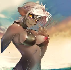  absurdres blush breasts cloud color_enhanced furry highres looking_at_viewers middle_finger nipples short_hair silver_hair sky smile solo sunlight sunset swimsuit tsampikos undressing water wet yellow_eyes  rating:Questionable score:41 user:Pingas_Man