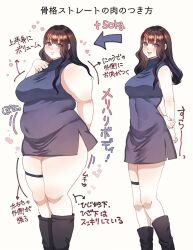  1girl arms_behind_back arrow_(symbol) before_and_after belly black_footwear blue_dress blue_eyes boots breasts brown_hair covered_navel dress fat large_breasts looking_at_viewer medium_breasts original skindentation smile thigh_strap toro_(tororo) translation_request weight_gain white_background 