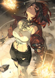 1girl absurdres arm_tattoo au_ra black_hair black_shorts breasts dragon_horns final_fantasy final_fantasy_xiv fingerless_gloves flower gloves hair_flower hair_ornament hide_(hideout) highres horns jacket jewelry leg_tattoo looking_up medium_breasts multicolored_hair navel necklace open_clothes open_jacket red_eyes red_hair scales short_hair shorts solo tank_top tattoo torn_clothes two-tone_hair warrior_of_light_(ff14) 