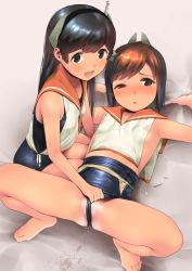 2girls arched_back armpits bare_shoulders barefoot black_hair blouse blue_one-piece_swimsuit blush brown_eyes brown_hair clothes_pull collarbone covered_erect_nipples eyebrows feet female_ejaculation frontal_wedgie grabbing hair_ornament hairclip headgear i-400_(kancolle) i-401_(kancolle) kantai_collection loli long_hair looking_at_viewer lying multiple_girls on_back one-piece_swimsuit one-piece_swimsuit_pull one-piece_tan open_mouth orange_sailor_collar parted_lips partially_visible_vulva pillow ponytail pulling_another&#039;s_clothes pussy_juice sailor_collar sailor_shirt school_swimsuit shiden_(sashimi_no_wife) shirt short_ponytail sleeveless sleeveless_shirt smile spread_legs swept_bangs swimsuit swimsuit_under_clothes tan tanline teeth toes uneven_eyes upper_teeth_only wedgie white_shirt yuri rating:Explicit score:148 user:danbooru