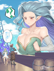 1boy 2girls ? absurdres artist_name aura big_hair blue_hair breasts breasts_squeezed_together cleavage cloud collarbone day detached_sleeves giant giantess gran_(granblue_fantasy) granblue_fantasy has_bad_revision has_downscaled_revision highres huge_breasts jitome long_hair looking_at_viewer looking_down lyria_(granblue_fantasy) md5_mismatch multiple_girls obui pointy_ears ranguage red_eyes resolution_mismatch shaded_face signature sky solo_focus source_smaller spoken_question_mark surprised tiamat_(granblue_fantasy) translated white_sleeves rating:Sensitive score:93 user:danbooru
