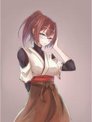  10s 1girl brown_eyes brown_hair glasses ise_(kancolle) japanese_clothes kantai_collection ponytail ribbon-trimmed_sleeves ribbon_trim short_hair simple_background solo  rating:Sensitive score:7 user:Anzu