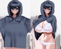 1girl absurdres black-framed_eyewear black_hair blurry blurry_background blush bra breasts cleavage closed_mouth commentary_request covered_erect_nipples cowboy_shot depth_of_field glasses grey_hoodie highres hood hood_up hoodie huge_breasts long_hair long_sleeves looking_at_viewer mixed-language_commentary multiple_views navel nicorima no_pants original outstretched_arms oversized_clothes panties purple_eyes sleeves_past_fingers sleeves_past_wrists stomach underwear white_bra white_panties rating:Questionable score:78 user:danbooru