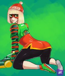  1girl 2017 arms_(game) ass beanie bike_shorts blonde_hair blunt_bangs domino_mask green_background green_eyes hat kneeling looking_back mask min_min_(arms) nintendo shoes solo  rating:Sensitive score:9 user:HomeStruck