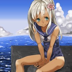 10s 1girl aqua_eyes arm_support bad_id bad_pixiv_id bare_shoulders between_legs blonde_hair blue_eyes blue_one-piece_swimsuit blush breasts closed_mouth cloud collarbone crop_top day flower from_side hair_flower hair_ornament hand_between_legs horizon kantai_collection kiyomasa_f lifebuoy light_smile long_hair looking_to_the_side neckerchief ocean old_school_swimsuit one-piece_swimsuit one-piece_tan outdoors pier ro-500_(kancolle) sailor_collar school_swimsuit school_uniform serafuku shirt sidelocks sitting sky sleeveless sleeveless_shirt small_breasts smile solo spread_legs swim_ring swimsuit swimsuit_under_clothes tan tanline taut_clothes torpedo v_arms water white_hair white_shirt