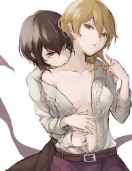 2girls bare_shoulders belt belt_buckle blonde_hair breasts brown_eyes brown_hair brown_skirt buckle center_frills collarbone expressionless eyelashes frills gensou_aporo grey_shirt hair_between_eyes half-closed_eyes hand_on_another&#039;s_stomach head_tilt highres holding_hands imminent_bite long_sleeves looking_at_viewer maribel_hearn medium_breasts multiple_girls navel no_bra off_shoulder open_clothes open_mouth open_shirt pants parted_lips purple_pants shirt short_hair sketch skirt stomach touhou unbuttoned unbuttoned_shirt upper_body usami_renko yuri rating:Sensitive score:22 user:danbooru