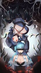  2girls absurdres arms_up bare_shoulders black_choker black_corset black_gloves blood blood_on_face blue_dress blue_hair breasts choker collarbone corset detached_sleeves dizzy_dokuro dress drill_hair frilled_sleeves frills gloves highres huge_breasts long_hair looking_at_viewer multicolored_hair multiple_girls negative_cha09 parted_lips phase_connect pointy_ears purple_hair red_eyes shibari smile streaked_hair tsunderia twin_drills umiushi_urara upside-down virtual_youtuber voice_actor_connection white_sleeves  rating:Sensitive score:4 user:danbooru