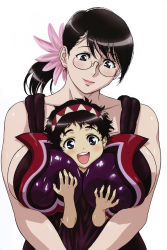 00s 1boy 1girl absurdres age_difference androgynous between_breasts breasts cattleya_(queen&#039;s_blade) cattleya_(queen's_blade) glasses grabbing grabbing_another&#039;s_breast head_between_breasts highres huge_breasts kaneko_hiraku lips looking_at_viewer mature_female mother_and_son official_art plump ponytail queen&#039;s_blade rana_(queen&#039;s_blade) size_difference smile trap weapon_merchant_cattleya rating:Questionable score:110 user:danbooru