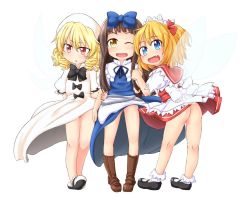  3girls ass blonde_hair blue_eyes boots bow brown_hair drill_hair fang female_focus hair_bow hat loli luna_child mary_janes multiple_girls no_panties no_socks one_eye_closed oriental_sacred_place red_eyes shoes slippers star_sapphire sunny_milk tec touhou twintails wings wink yellow_eyes 
