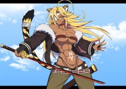  abs animal_ears cosplay eyepatch indie_virtual_youtuber scabbard sheath sword tail tala_tora tiger_ears tiger_tail weapon 