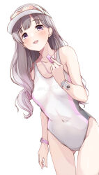 1girl :d bare_shoulders blush breasts collarbone commentary_request competition_swimsuit covered_navel gluteal_fold goggles goggles_on_headwear grey_hair hand_up hat highres holding holding_whistle idolmaster idolmaster_shiny_colors kuroba_aki long_hair one-piece_swimsuit open_mouth purple_eyes simple_background small_breasts smile solo swimsuit thigh_gap very_long_hair visor_cap whistle whistle_around_neck white_background white_hat white_one-piece_swimsuit yukoku_kiriko