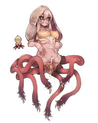  1girl bar_censor black_sclera breasts censored colored_sclera female_ejaculation full_body grin hair_between_eyes highres ichor_sticker lactation long_hair medium_breasts monster_girl navel nipples nyong_nyong personification pink_hair pointless_censoring pussy reference_inset see-through simple_background smile solo teeth tentacles terraria vagina_dentata white_background yellow_eyes 