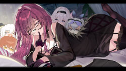  1girl alternate_costume bare_shoulders black_choker black_dress black_garter black_panties black_thighhighs breasts chibi chibi_inset choker cityscape cleavage covered_navel crying curtains dress finger_to_mouth firefly_(honkai:_star_rail) glasses gloves hair_between_eyes hair_intakes half_gloves highres himeko_(honkai:_star_rail) honkai:_star_rail honkai_(series) indoors jewelry kafka_(honkai:_star_rail) lace lace-trimmed_thighhighs lace_choker large_breasts letterboxed lingerie looking_at_viewer lying march_7th_(honkai:_star_rail) necklace no_shoes on_stomach open_mouth panties pink_hair purple_eyes purple_gloves purple_hair red_hair see-through see-through_dress shushing silver_wolf_(honkai:_star_rail) smile solo spider_web_print srpzk the_pose thighhighs underwear yellow_eyes 