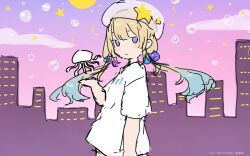  1girl absurdres beret blonde_hair blue_hair blush bubble cloud commentary_request copyright_name copyright_notice floating_hair gradient_hair hat highres jelee-chan jellyfish jitome long_hair looking_at_viewer low_twintails multicolored_hair no_humans official_art purple_eyes shirt short_sleeves sketch solo star_(symbol) twintails umituki_yoru white_hat white_shirt yoru_no_kurage_wa_oyogenai 