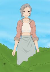  absurdres breasts bushes colored_skin crop_top grey_hair highres jacket looking_up mature_female navel orange_eyes outdoors shirt skirt sky small_breasts smile thick_thighs thighs white_shirt white_skin  rating:General score:1 user:AnuvisUR