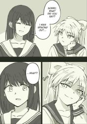  2boys black_serafuku bow comic crossdressing english_text greyscale grin hair_bow highres long_hair looking_at_another monochrome multiple_boys original pas_(paxiti) ponytail right-to-left_comic school_uniform serafuku smile smirk 