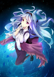  1girl black_footwear blunt_bangs breasts collared_shirt female_focus finger_to_mouth finger_to_own_chin fish from_above full_moon gradient_background hairband highres idolmaster idolmaster_(classic) large_breasts leg_up light_particles light_smile long_hair long_skirt long_sleeves looking_at_viewer mary_janes moon pantyhose pink_eyes reflection ribbed_shirt ridai shawl shijou_takane shirt shoes silver_hair skirt solo water white_shirt 