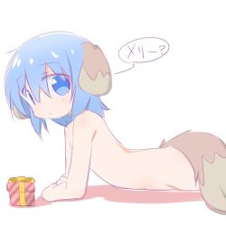  1girl animal_ears blue_eyes blue_hair cello_(20000) character_request dog_ears dog_tail female_focus gift loli lying nude on_stomach short_hair simple_background solo tail white_background zakuzaku_actors 