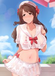 1girl absurdres bare_legs bikini bikini_under_clothes blue_sky blurry blurry_background blush bow bowtie breasts brown_eyes brown_hair cleavage closed_mouth cloud commentary_request cowboy_shot crop_top cropped_shirt day embarrassed hair_bow hand_on_own_chest hat highres horizon idolmaster idolmaster_cinderella_girls large_breasts leaning_forward long_hair looking_to_the_side midriff miniskirt multicolored_bikini multicolored_clothes navel ocean outdoors pleated_skirt red_bow sailor_collar sailor_hat see-through see-through_shirt see-through_skirt shimamura_uzuki shirt short_sleeves sidelocks skirt skirt_hold sky smile solo standing stomach striped_bikini striped_clothes sweat swept_bangs swimsuit twogie white_hat white_shirt white_skirt wrist_cuffs rating:Questionable score:41 user:danbooru