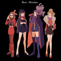  4girls adjusting_eyewear alternate_costume ascot bare_legs black_background black_dress black_hat boots bow_hairband brown_hair cloak closed_mouth commentary_request creatures_(company) crossed_arms dress game_freak glasses green_eyes hair_flaps hairband hand_on_own_hip hat high_heels highres hilda_(pokemon) hime_(himetya105) jacket jacket_on_shoulders leaf_(pokemon) leg_warmers logo long_hair long_legs looking_at_viewer may_(pokemon) multiple_girls nintendo pokemon pokemon_bw pokemon_frlg pokemon_oras pokemon_xy ponytail scarf serena_(pokemon) shirt shoes short_dress shorts sidelocks skirt smile standing team_magma thigh_boots 