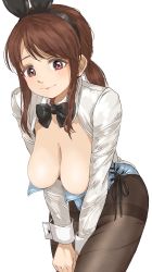 1girl animal_ears bow bowtie breasts brown_eyes brown_hair cleavage colored_eyelashes detached_collar detached_sleeves gatsby_ssl highres hunched_over idolmaster idolmaster_cinderella_girls idolmaster_cinderella_girls_starlight_stage large_breasts leotard mifune_miyu no_nipples pantyhose playboy_bunny ponytail rabbit_ears solo thighs wrist_cuffs rating:Sensitive score:24 user:danbooru