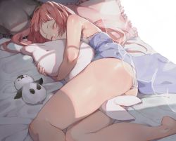 1girl absurdres ass bad_id bad_pixiv_id bare_shoulders barefoot bed bed_sheet between_legs blush bra breasts closed_eyes closed_mouth curtains eyelashes female_focus frilled_pillow frills grey_panties highres indoors long_hair lying hugging_object on_bed on_side original panties pillow pink_hair sleeping sleepwear small_breasts solo stuffed_animal stuffed_dolphin stuffed_penguin stuffed_toy thighs underwear uni_(melm) rating:Sensitive score:42 user:danbooru