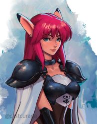 1girl armor breastplate breasts closed_mouth covered_navel earrings fal_(phantasy_star) jewelry justin_paul lips long_hair medium_breasts narrow_waist pauldrons phantasy_star phantasy_star_iv pink_hair pointy_ears sega shoulder_armor smile solo twitter_username upper_body 