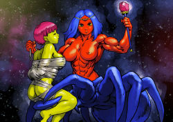 2girls arachne arms_behind_back arthropod_girl ass bdsm blue_hair bondage bound breasts circlet closed_eyes collar colored_sclera colored_skin femdom forehead_jewel gradient_background green_skin insect_girl large_breasts lesbian_spider-queens_of_mars long_hair monster_girl multiple_girls muscular muscular_female nipples nude parted_bangs pink_hair pixie_cut pokkuti red_skin scepter short_hair silk sky slave space spider_girl spider_web taur the_queen_(lesbian_spider-queens_of_mars) yellow_sclera yuri rating:Questionable score:20 user:danbooru