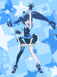  1girl 32zzz ahoge bare_arms black_dress black_gloves black_hair black_rock_shooter black_rock_shooter_(character) black_shorts black_thighhighs blue_eyes character_request cosplay crossover cure_star cure_star_(cosplay) dress gloves highres long_hair open_mouth pouch precure shorts single_thighhigh solo star_twinkle_precure thighhighs twintails uneven_twintails very_long_hair 