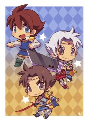  3boys argyle argyle_background armor bartz_klauser blue_eyes blue_tunic blush brown_hair buster_sword chibi chibi_only circlet final_fantasy final_fantasy_v full_body green_footwear grey_eyes holding holding_sword holding_weapon kotorai looking_at_viewer male_focus multiple_boys outstretched_arm pants shirt signature star_(symbol) striped_clothes striped_pants sword variations weapon white_hair white_pants white_shirt 