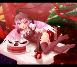 1girl animal_ears arm_support ass ayagi_daifuku black_thighhighs brown_thighhighs cake christmas christmas_tree clothes_lift dress dress_lift female_focus food gift hat letterboxed lying mystia_lorelei on_side pink_eyes pink_hair short_hair solo thighhighs touhou wings rating:Sensitive score:9 user:danbooru