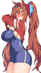 1girl absurdres animal_ears blue_one-piece_swimsuit bow breasts closed_mouth clothes_lift commentary daiwa_scarlet_(umamusume) hair_between_eyes hair_bow hair_ornament highres horse_ears horse_tail jacket jacket_lift large_breasts lifting_own_clothes long_hair long_sleeves looking_at_viewer one-piece_swimsuit pirukusu red_eyes red_hair red_jacket school_swimsuit solo swimsuit tail thick_thighs thighs tiara tracen_swimsuit tracen_training_uniform track_jacket twintails umamusume undressing  rating:Sensitive score:13 user:danbooru