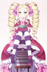 &gt;:( 10s 1girl bad_id bad_pixiv_id beatrice_(re:zero) blue_eyes blush book book_stack butterfly-shaped_pupils chair closed_mouth crown dress drill_hair feet frown full_body hair_ribbon highres hugging_object knees_together_feet_apart long_hair looking_at_viewer mary_janes mini_crown nanomate3 pantyhose parted_bangs pink_ribbon re:zero_kara_hajimeru_isekai_seikatsu red_footwear ribbon shoes sidelocks single_shoe sitting solo striped_clothes striped_pantyhose symbol-shaped_pupils toes twin_drills v-shaped_eyebrows very_long_hair white_background rating:Sensitive score:26 user:danbooru