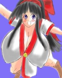  1girl ainu_clothes black_hair blue_eyes blush breasts cleavage covered_erect_nipples from_above hair_ribbon highres huge_breasts legs looking_at_viewer nakoruru oekaki open_mouth pelvic_curtain ribbon samurai_spirits smile snk solo the_king_of_fighters thighs 