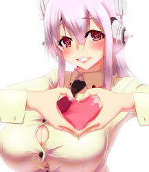  1girl blush breasts bursting_breasts cleavage grin headphones heart heart-shaped_pupils heart_hands highres large_breasts long_hair looking_at_viewer nitroplus pink_eyes pink_hair smile solo super_sonico symbol-shaped_pupils upper_body yamaneko_ken 