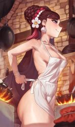  1girl absurdres apron ass bandaged_arm bandages blurry blurry_foreground blush breasts brown_hair cleavage commentary cooking double_bun drunken_swordmaster_lynn earrings english_commentary fire from_side fun_shalam guardian_tales hair_bun highres jewelry long_hair medium_breasts naked_apron purple_eyes see-through_silhouette sideboob smile solo tying_apron very_long_hair 