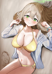  1girl absurdres beach bikini blue_archive blush breasts cleavage closed_mouth collarbone front-tie_bikini_top front-tie_top green_eyes green_halo hair_between_eyes halo highres jacket large_breasts light_brown_hair long_hair long_sleeves looking_at_viewer lying mochini navel nonomi_(blue_archive) nonomi_(swimsuit)_(blue_archive) official_alternate_costume on_back open_clothes open_jacket side-tie_bikini_bottom smile solo swimsuit white_jacket yellow_bikini 