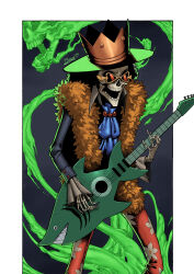 1boy afro ascot black_hair blue_ascot brook_(one_piece) commentary crown_hat dborod electric_guitar english_commentary frilled_sleeves frills ghost gold_crown guitar hat heart heart-shaped_eyewear highres holding holding_guitar holding_instrument instrument male_focus music one_piece open_mouth pink-tinted_eyewear playing_guitar playing_instrument signature skeleton solo sunglasses tinted_eyewear yellow-framed_eyewear 