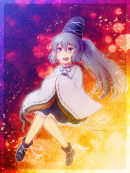 1girl bloom blue_eyes blue_footwear blue_hat blue_skirt commentary_request energy frilled_skirt frills full_body green_ribbon grey_hair hair_between_eyes hat long_hair looking_ahead mononobe_no_futo multicolored_background one-hour_drawing_challenge open_mouth orange_ribbon own_hands_together ponytail purple_background red_background ribbon ribbon-trimmed_sleeves ribbon_trim shirt shoes skirt sleeves_past_fingers sleeves_past_wrists smile solo split_mouth tate_eboshi teeth tkmr_koubou touhou twitter_username upper_teeth_only watermark white_shirt wide_sleeves yellow_background