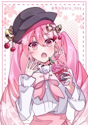  1girl blush bow cherry_hair_ornament cherry_hat_ornament commentary_request cup disposable_cup drink earrings flower_earrings food-themed_hair_ornament hair_ornament hat hatsune_miku highres holding holding_cup jewelry long_hair long_sleeves looking_at_viewer nail_polish noibara_noy open_mouth pink_eyes pink_hair sakura_miku sakura_miku_(rella) shirt_tucked_in solo twintails very_long_hair vocaloid 